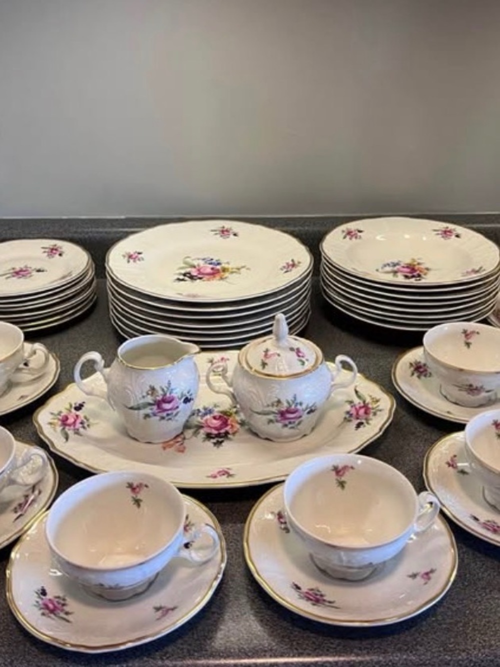 Floral Porcelain Tea and Dinner Set in Cream with Pink Roses